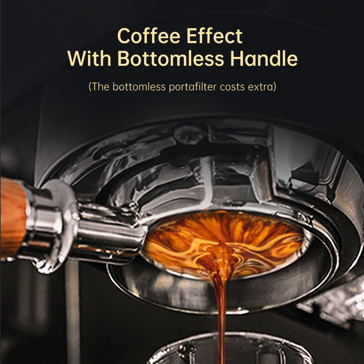 Espresso extraction from a chrome bottomless portafilter with a wooden handle on a professional coffee machine.