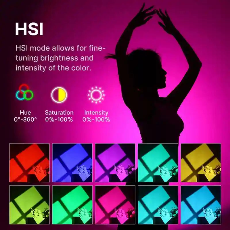 HSI lighting control mode showing color, saturation, and intensity adjustments against a backlit silhouette.
