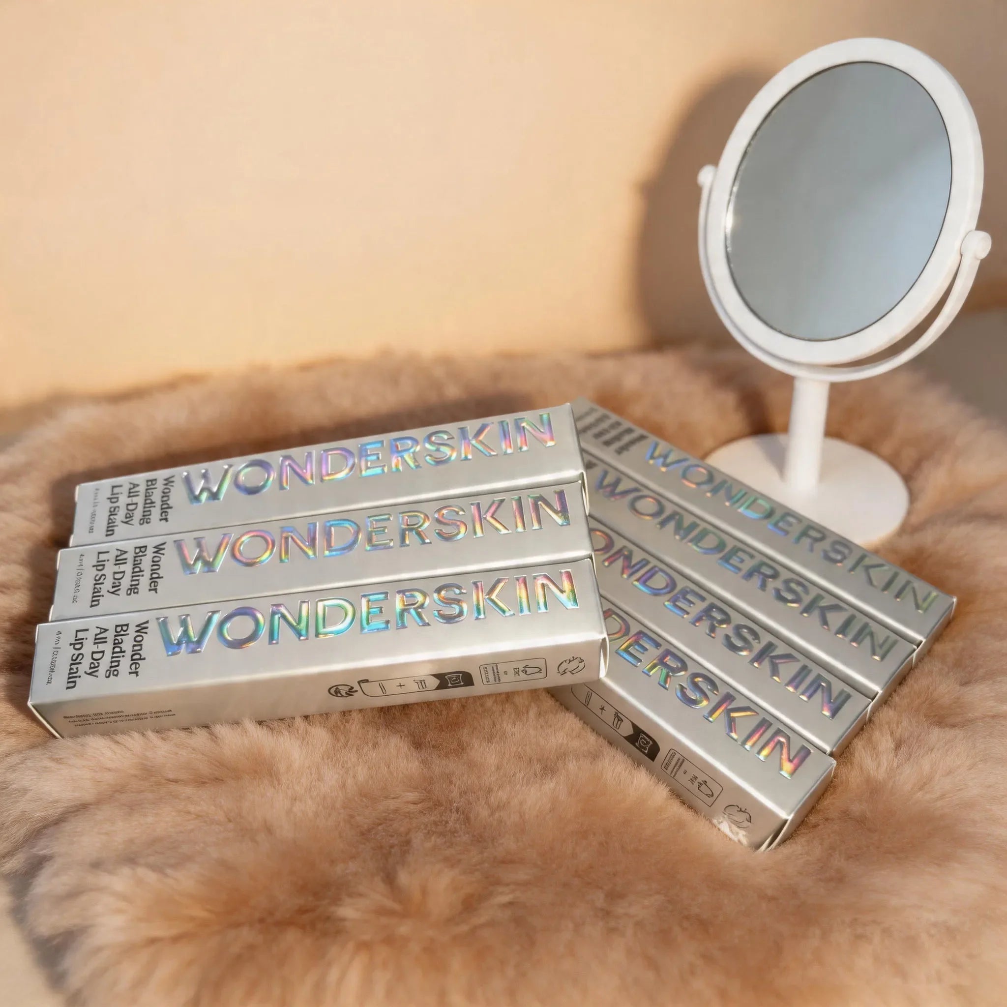 Wonderskin long-lasting waterproof peel-off lip stain boxes in holographic packaging on a brown faux fur background.