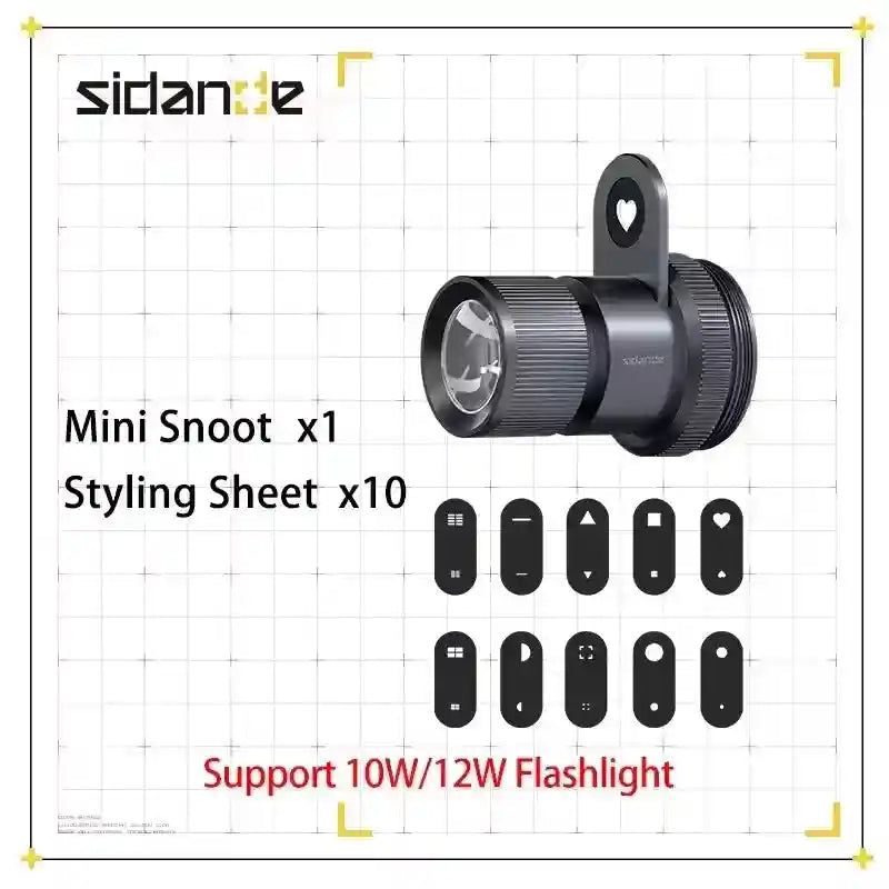 Black cylindrical mini snoot for 10W/12W flashlights, including 10 patterned styling sheets for light shaping.