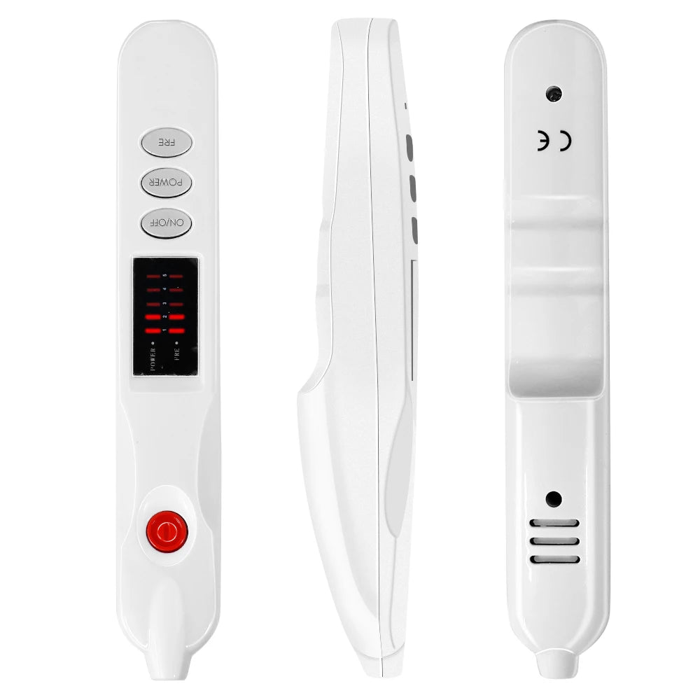 White handheld plasma pen for skin tag, mole, and dark spot removal with digital display and adjustable power settings.