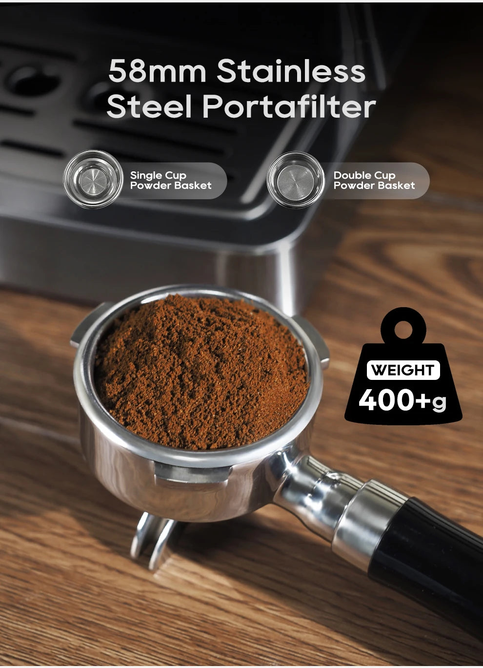 58mm stainless steel espresso portafilter with black handle, coffee grounds, and single/double cup filter baskets.