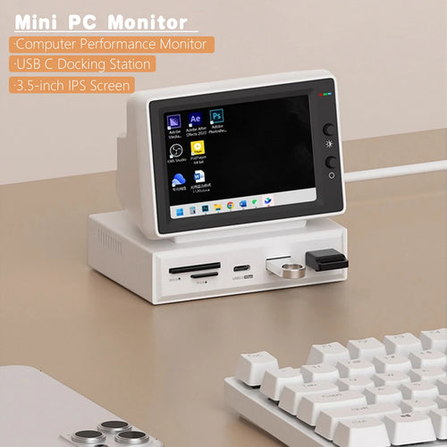 White 3.5-inch IPS sub-screen monitor with USB-C hub, SD card slots, and desktop icons display on a desk.