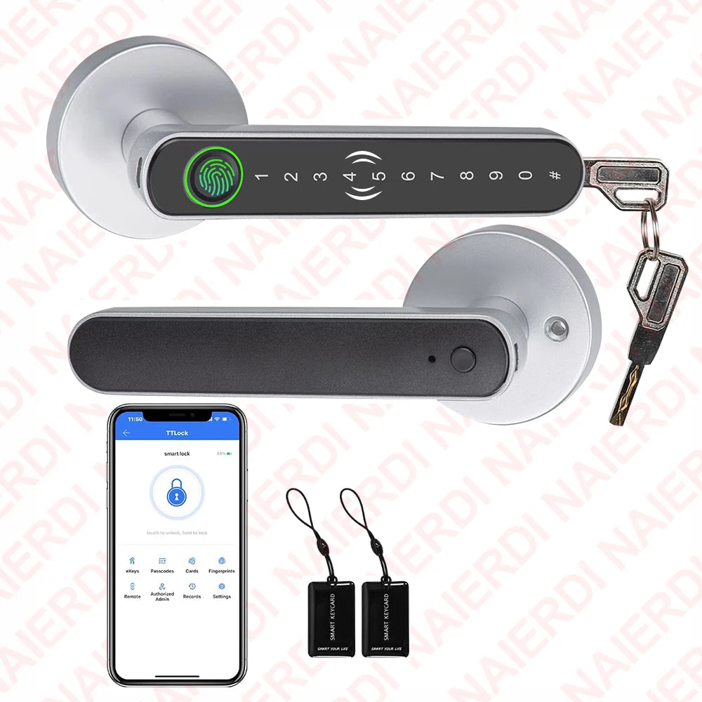 NAIERDI Smart Fingerprint Door Lock Tuya APP Bluetooth Keypad Card Entry Door Lock with Handle for Home Apartment Bedroom