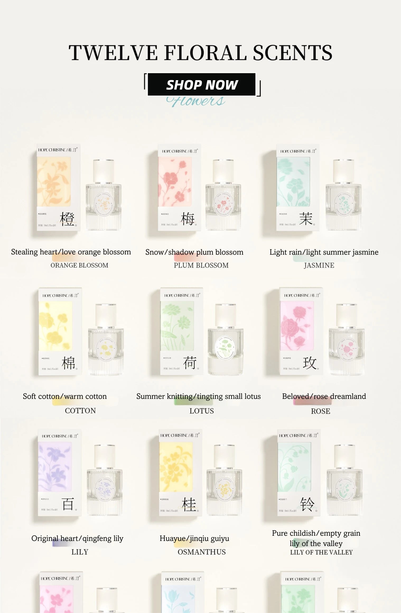 Hope Christine 50ml women’s floral perfume collection. 12 fragrant styles in elegant square glass bottles. Long-lasting.