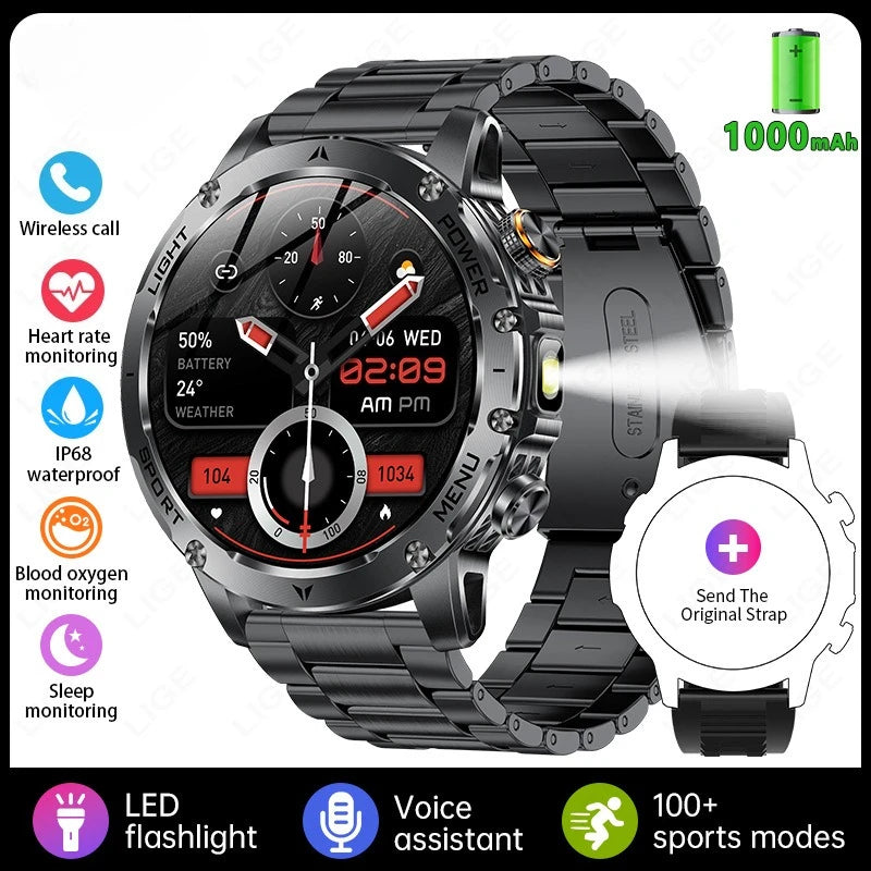 Men's black smartwatch with dark metal link bracelet and round digital dial