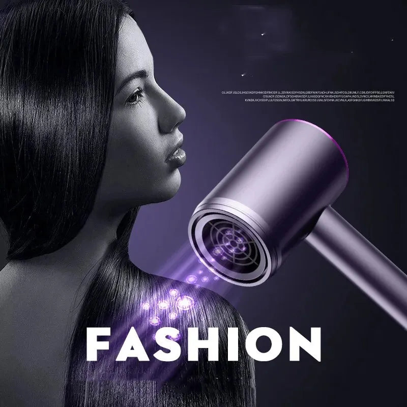 Grey high-speed negative ion hair dryer with sleek design, emitting purple light for professional salon-quality drying.