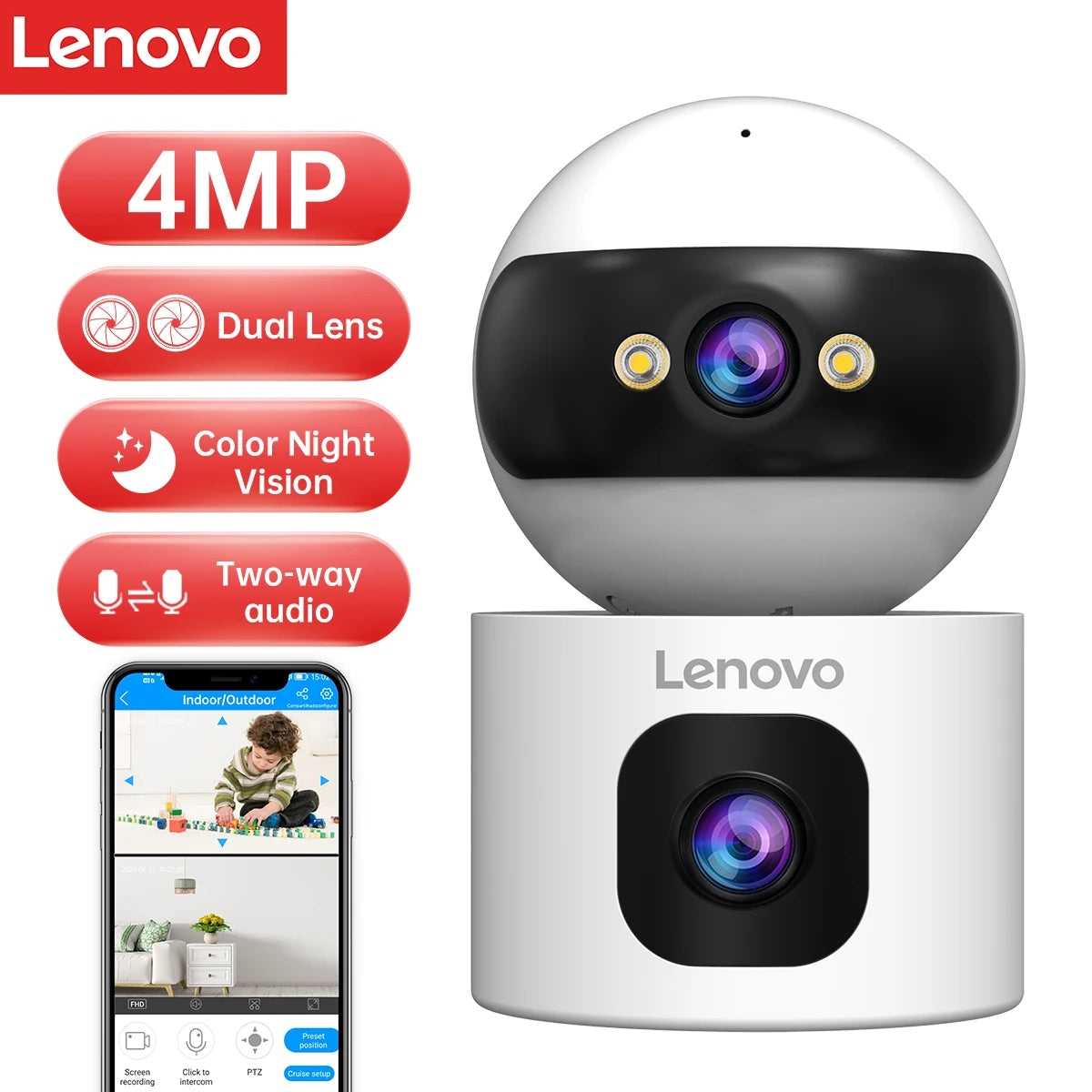 Lenovo 4MP HD Security IP Camera 5G WiFi Surveillance Camera Dual Lens 5X Zoom AI Tracking Home Indoor CCTV Camera Baby Monitor