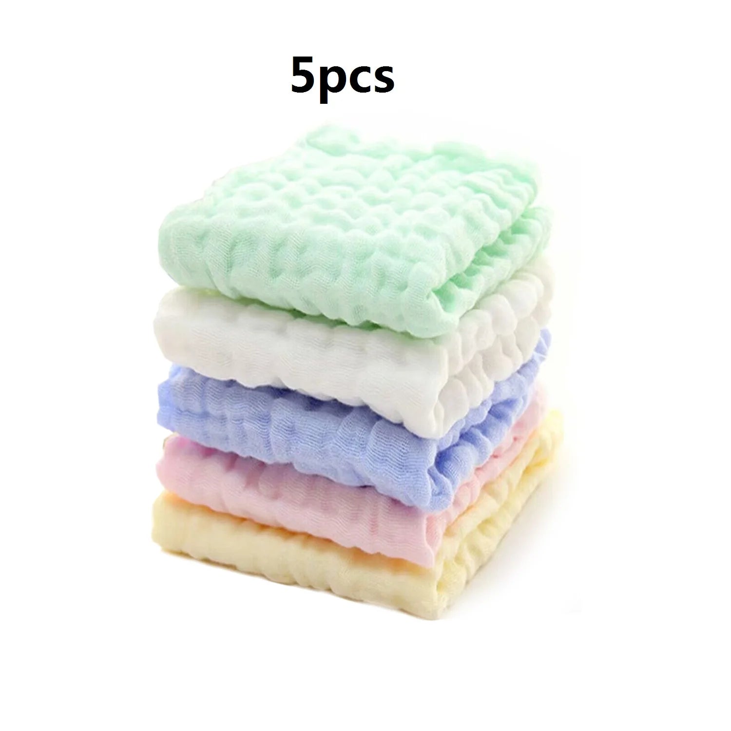 Stack of 5pcs soft muslin baby washcloths in assorted pastel colors for delicate newborn baby care.