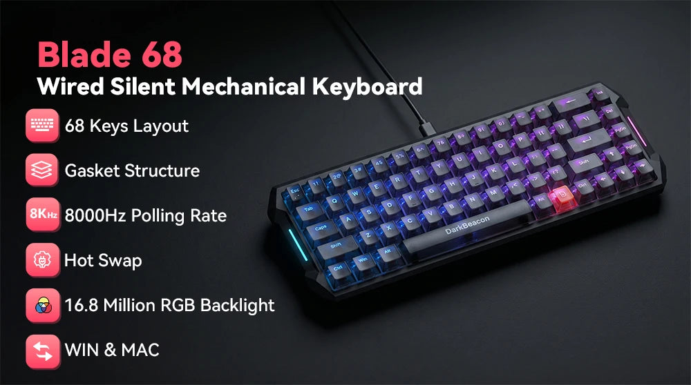 DarkBeacon 65% Gaming Keyboard 68 Keys Mechanical Keyboard LED Backlit Wired Keyboard with Red Switch for Windows Mac PS4 Gamer