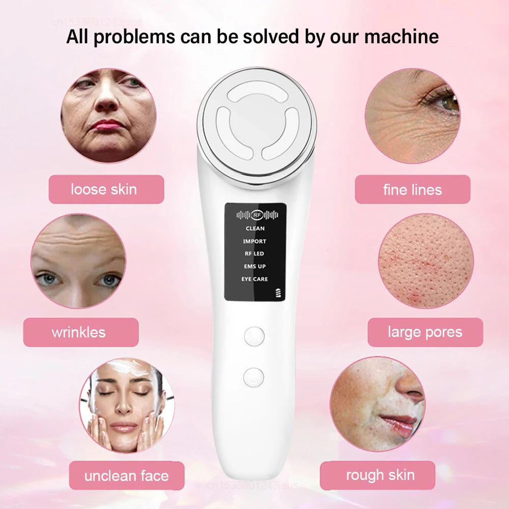 White handheld RF facial beauty device with circular treatment head, digital display, and two control buttons.