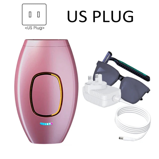 Pink IPL laser hair removal device with US plug, safety glasses, and razor for painless home body hair epilation.