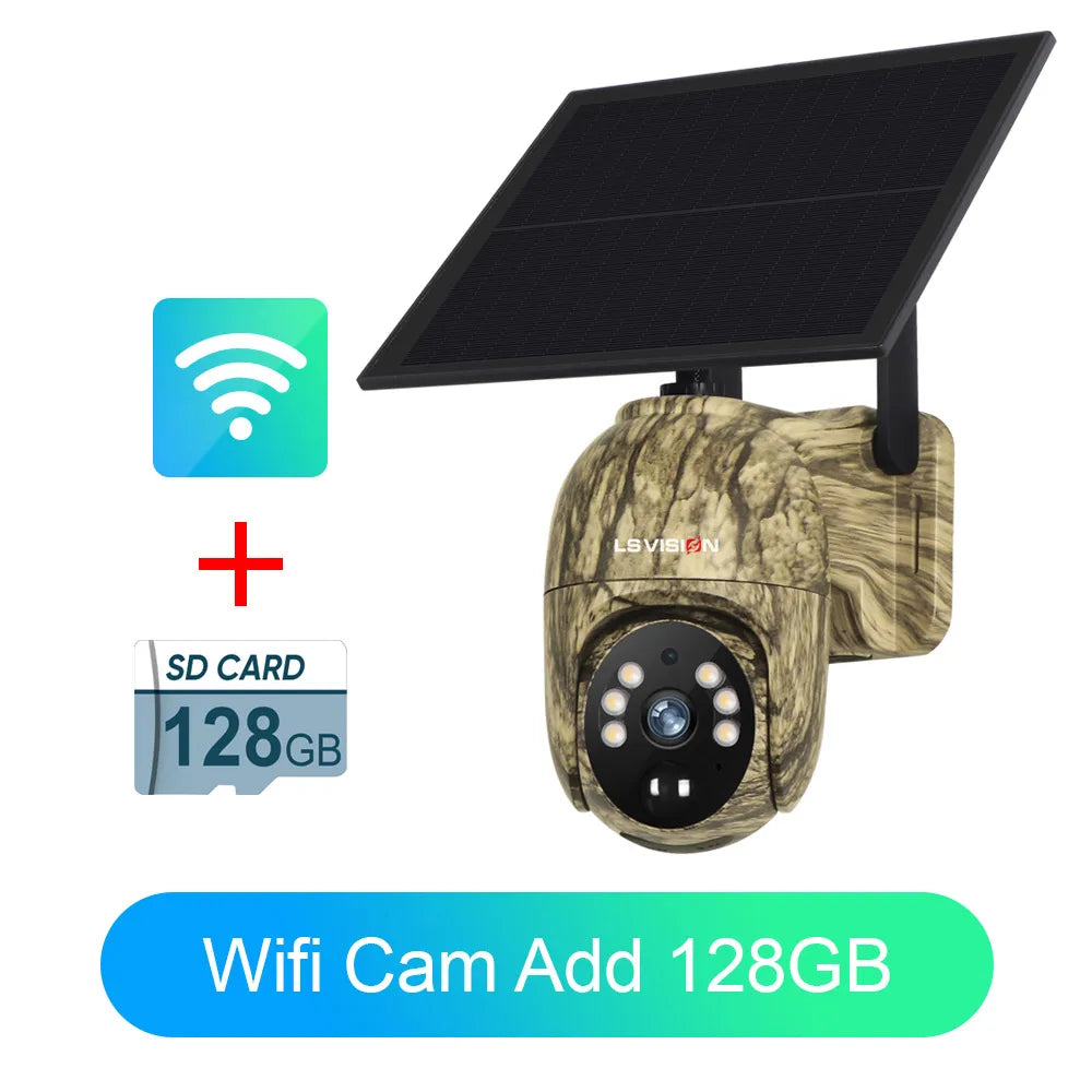 LS VISION camouflage solar security camera with WiFi icon and included 128GB SD card