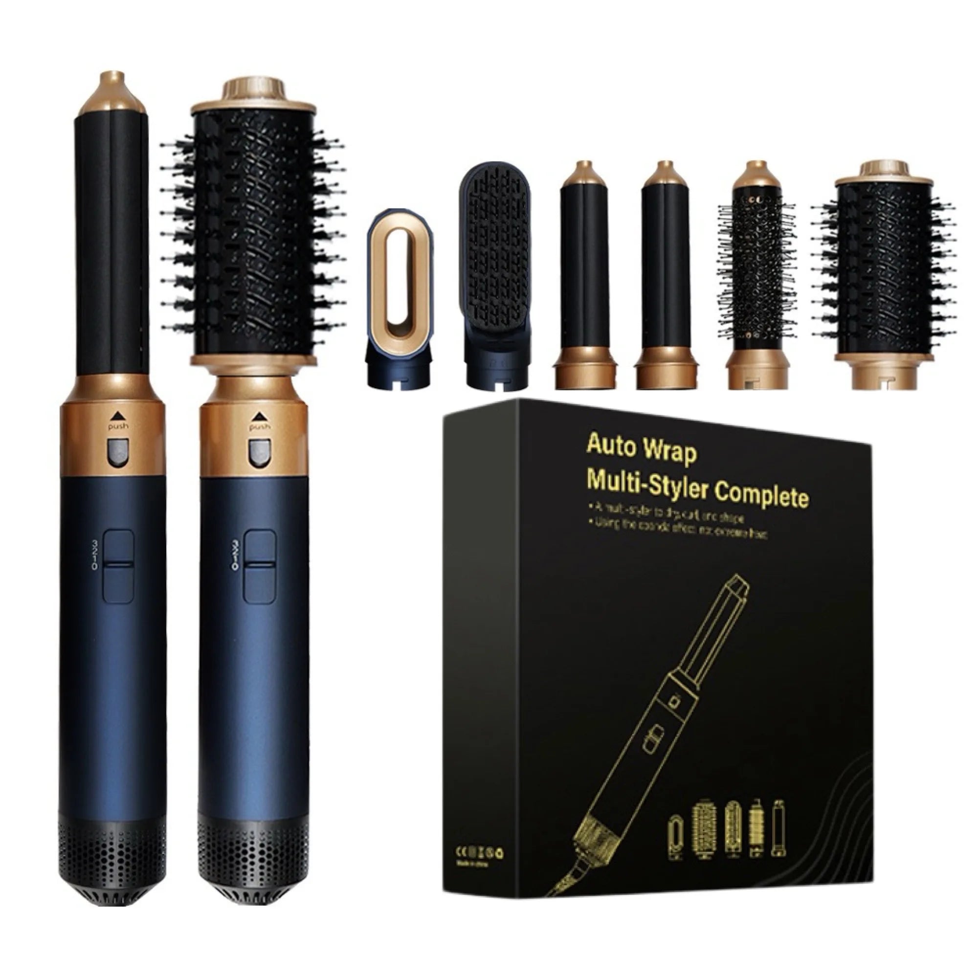 6-in-1 navy and gold hair dryer multi-styler set with curling irons, brushes, and blow-dry attachments in box.