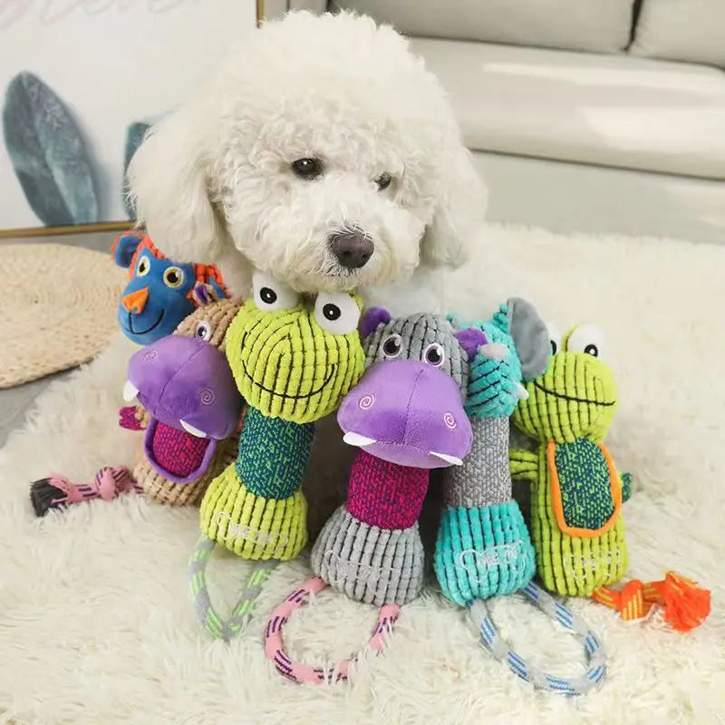 Cute plush cartoon dog toys with rope for teeth cleaning and interactive play, featuring colorful, durable textures.