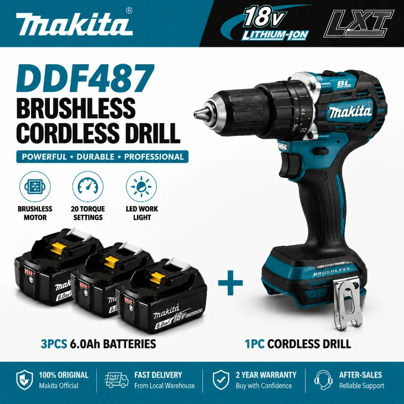 Makita 18V LXT Brushless Cordless Drill DDF487 + BL1860B BL1840 6.0Ah Battery Pack OEM Original High Torque Power Tool Set EU Warehouse Fast Shipping