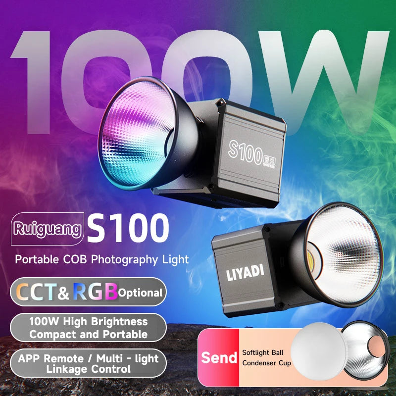 S100 portable 100W COB photography light with black rectangular body, reflective dish, and softlight ball attachment.