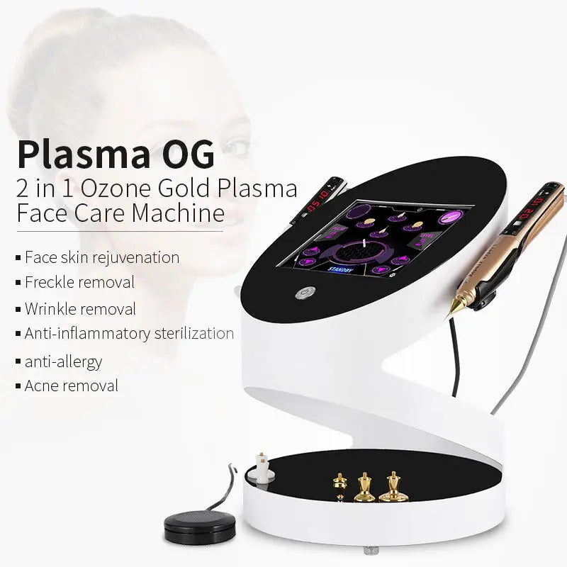2-in-1 gold plasma pen device for facial rejuvenation, freckle and acne removal with touch screen display and base.