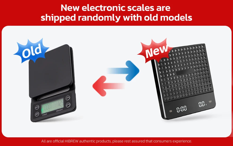 HiBREW digital coffee scales: comparison of old smooth black model and new textured black electronic coffee scale.