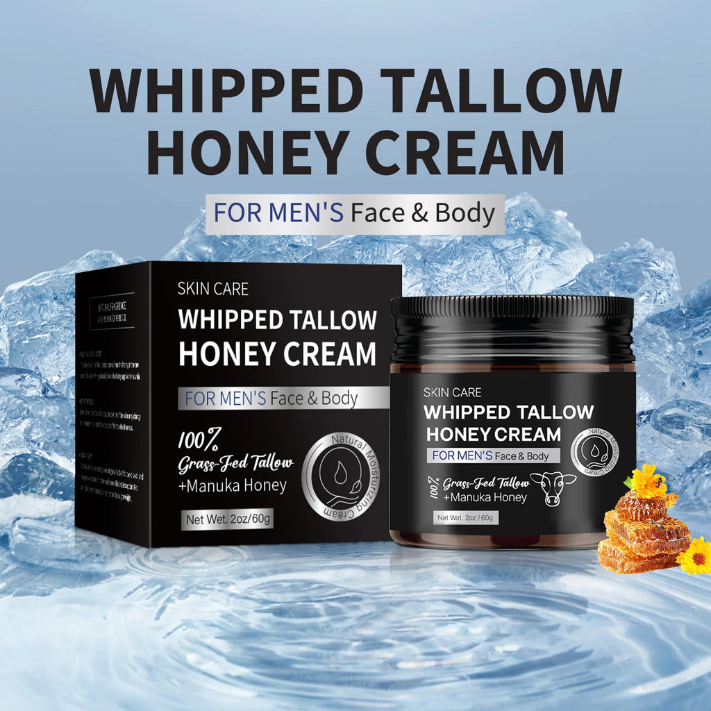 Men's Whipped Tallow Honey Cream 60g - Tallow & Manuka Honey, Non-Greasy Moisturizing Face & Body Balm for Dry Skin Care.