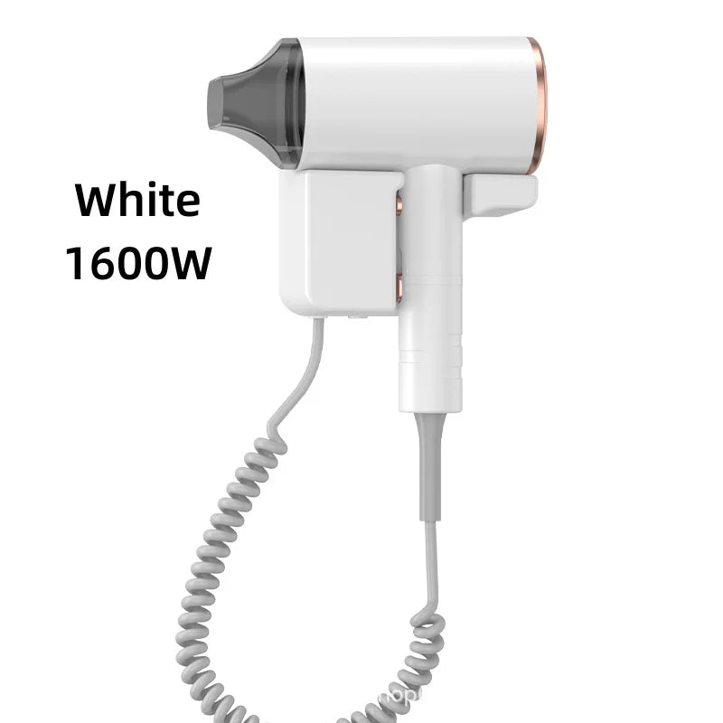 White 1600W wall-mounted hair dryer with nozzle attachment, space-saving design for home bathrooms or hotel use.