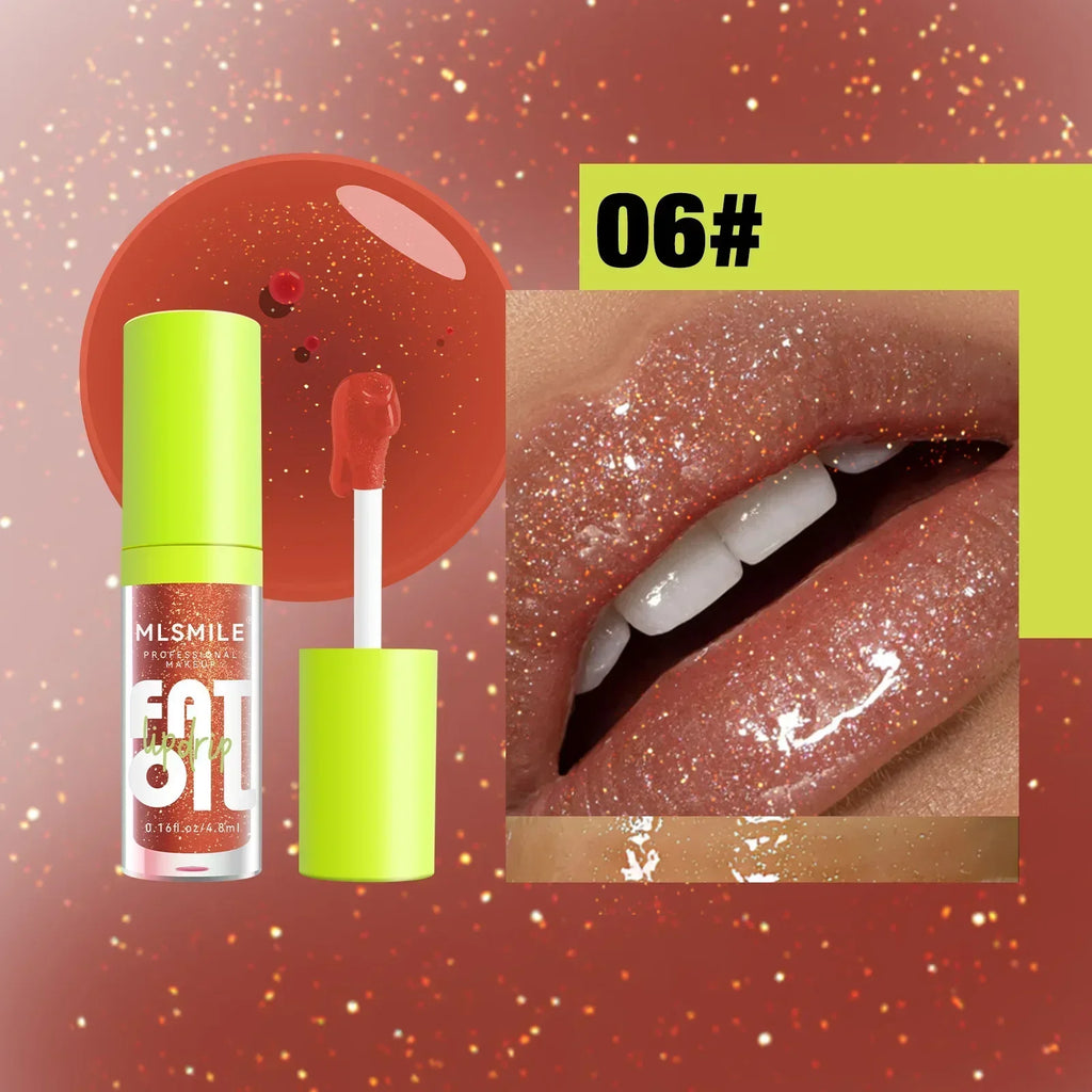 MLSMILE 06# moisturizing glitter lip gloss with plumping formula, featuring a shimmering, high-shine copper finish.