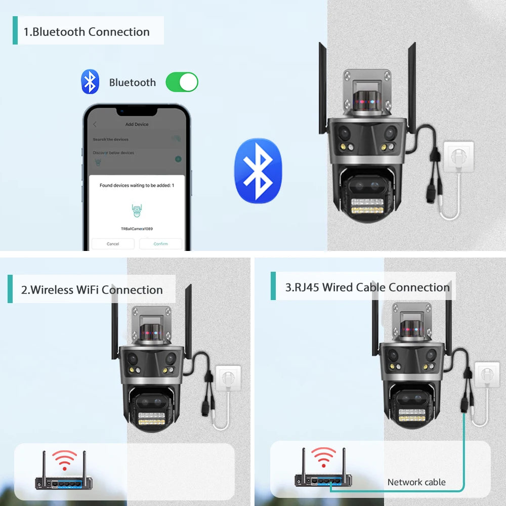 Wifi Camera Outdoor PTZ 4 Lens 4 Screen 8X Hybrid Zoom AI Auto Tracking Linkage Video Bluetooth Security Camera IP iCSee APP