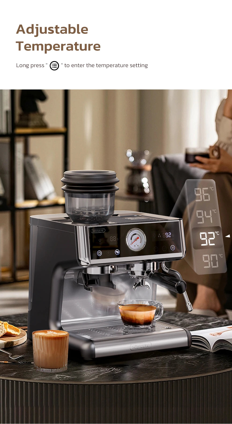 HiBREW black stainless steel espresso machine with digital temperature display, grinder, and pressure gauge.