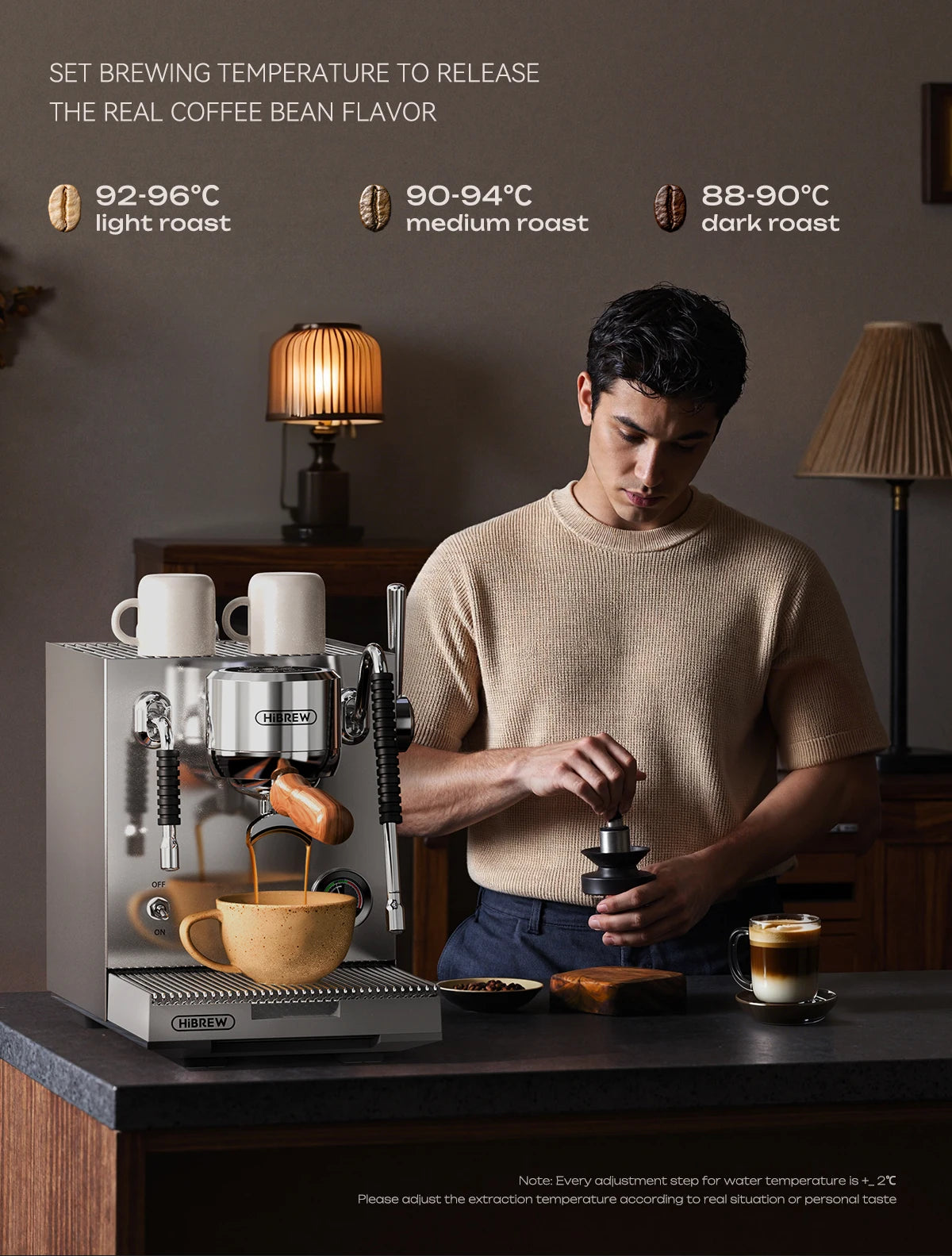 HiBrew stainless steel espresso machine with portafilter and temperature control brewing coffee for a barista.