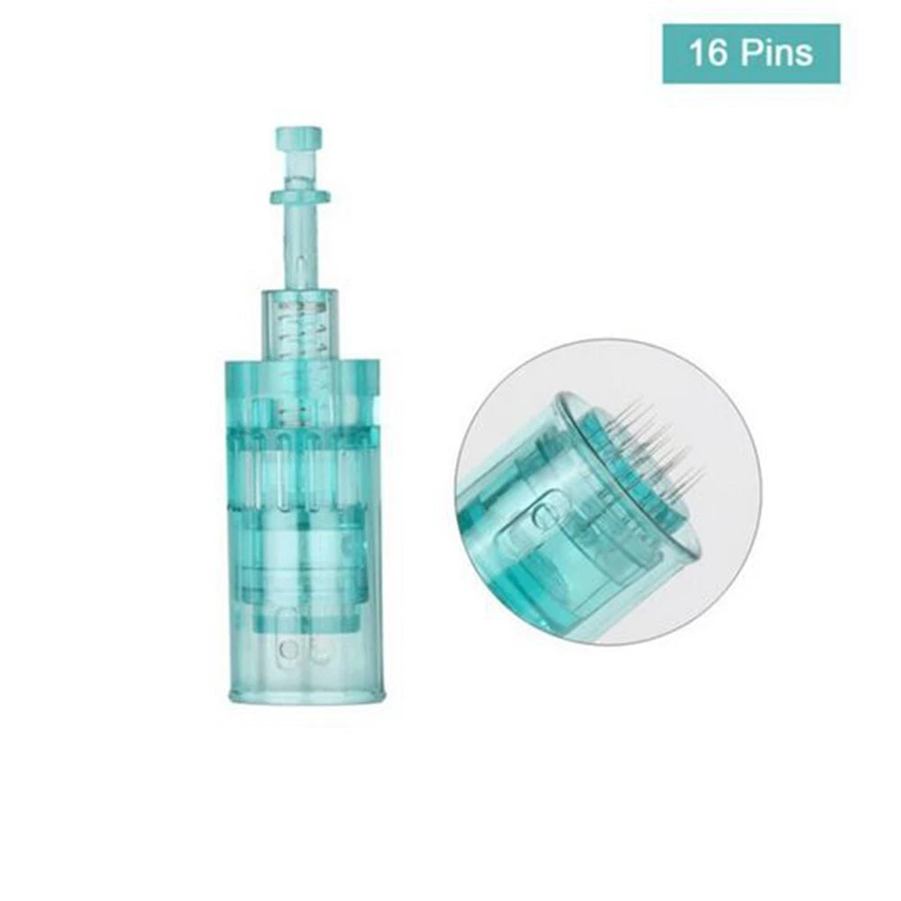 Blue 16-pin microneedle cartridge for cosmetic skin treatment, featuring a transparent cylindrical plastic casing.