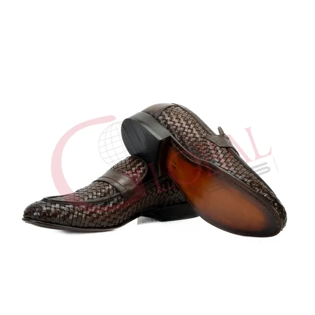 Men Woven Leather Penny Loafers Slip On Dress Shoes Luxury Handmade Formal Business Breathable Designer Fashion Footwear