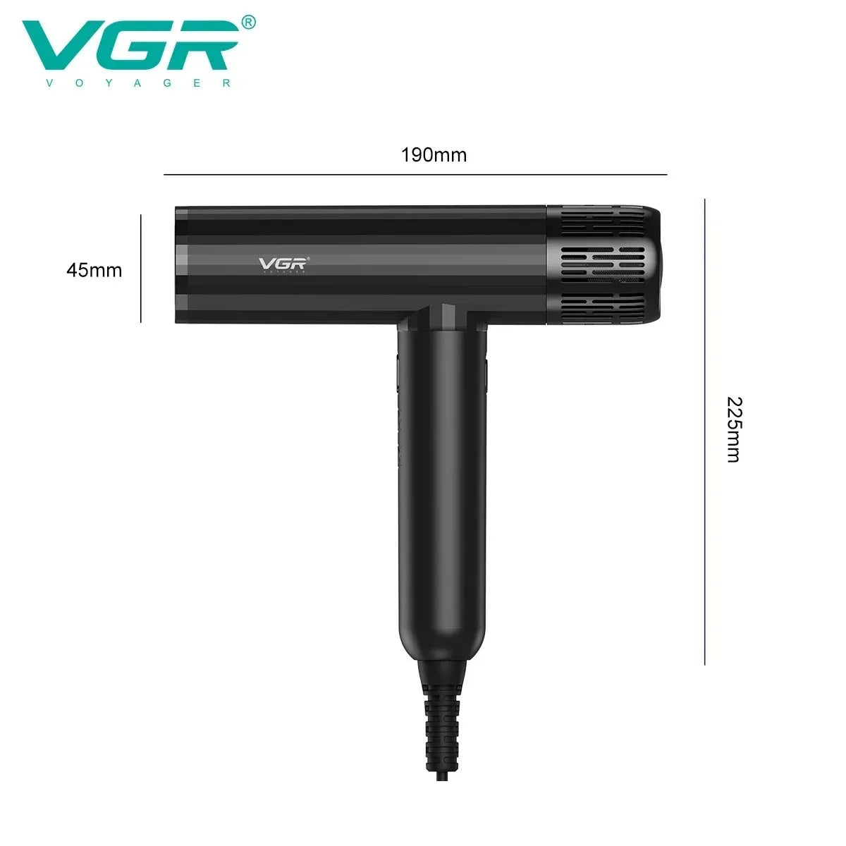Black VGR professional leafless hair dryer with dimensions, 11000RPM brushless motor, and powerful salon-grade design.