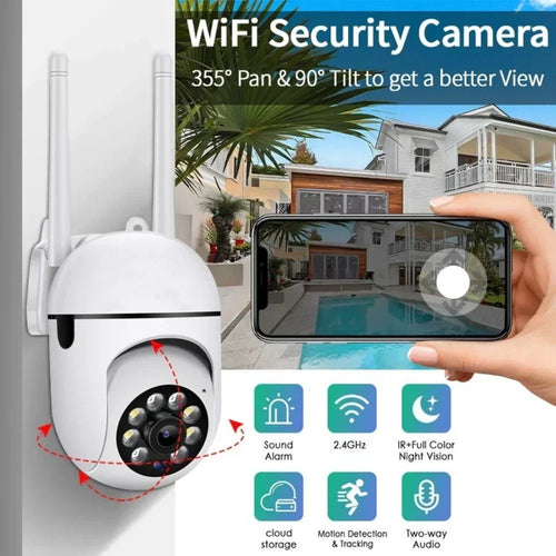 White WiFi security camera with dual antennas, shown with live view on smartphone