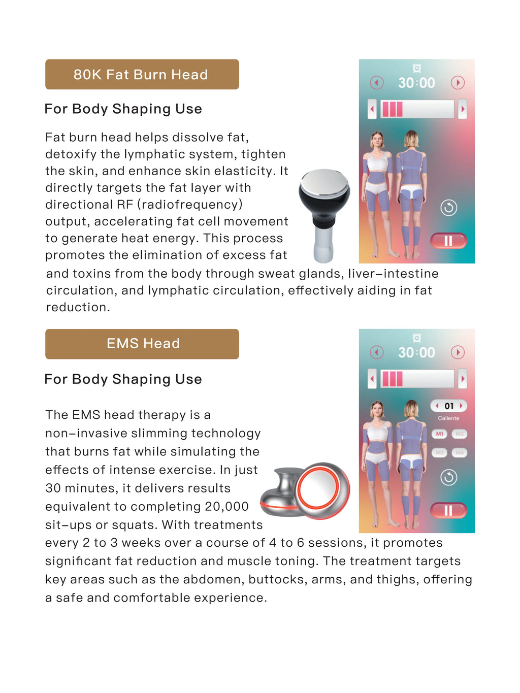 80K fat burn head and EMS head devices for body shaping, featuring metallic finishes and digital control interfaces.
