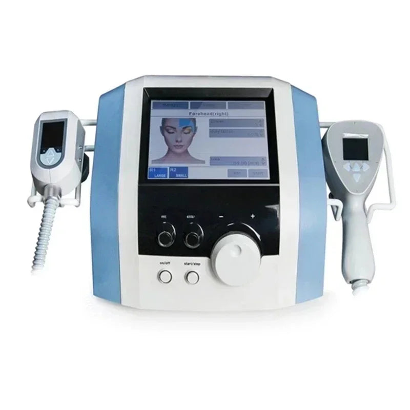 Ultra 360 body contouring and anti-aging machine with dual applicators, touchscreen interface, and white-blue design.