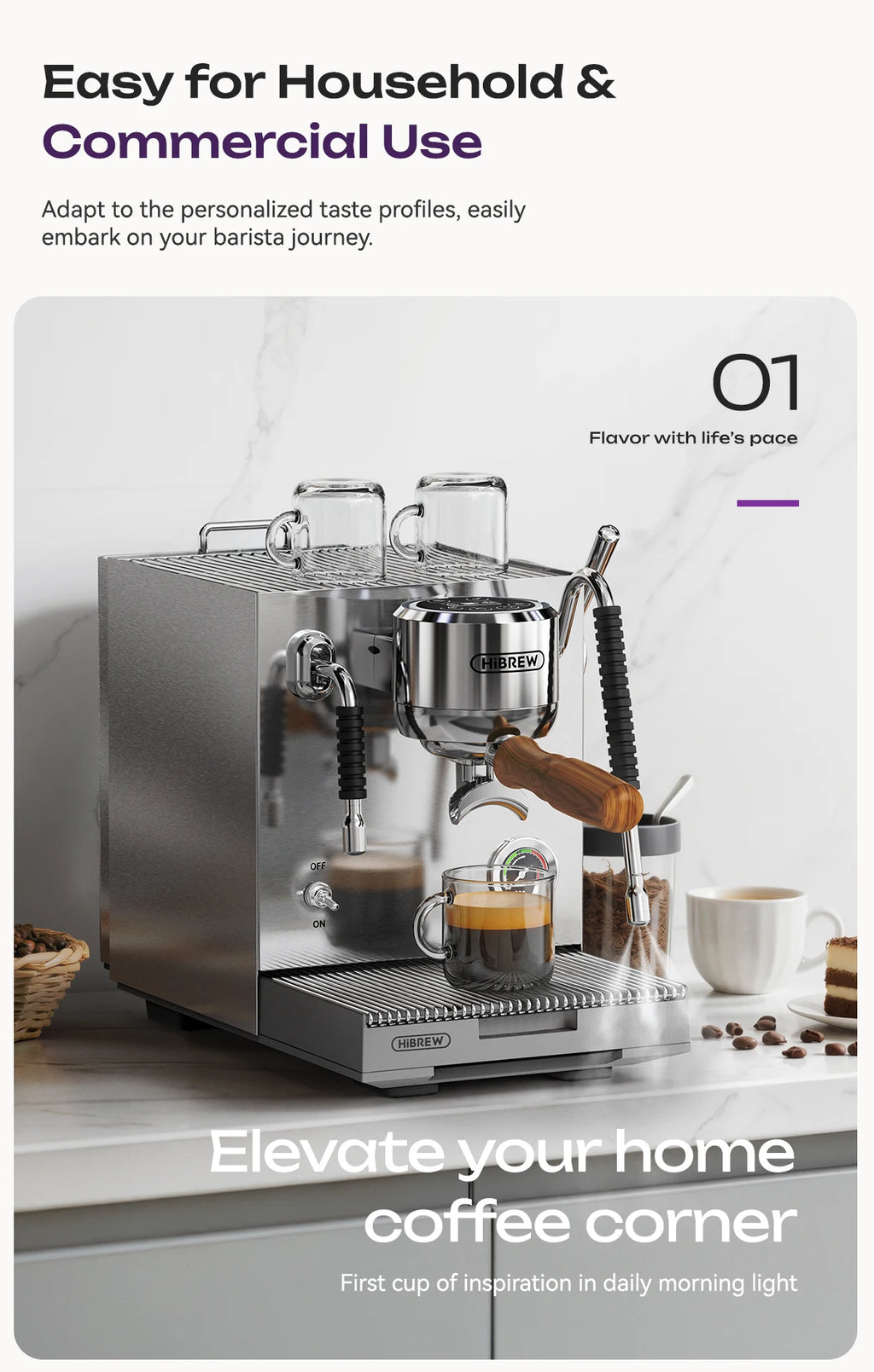 HiBREW stainless steel commercial espresso machine with wood-handle portafilter and milk frothing steam wand.
