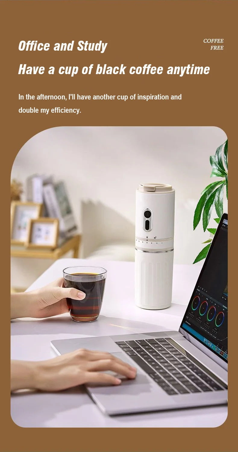 White portable electric coffee maker for office, compact cylinder design for single cup of black coffee at desk.