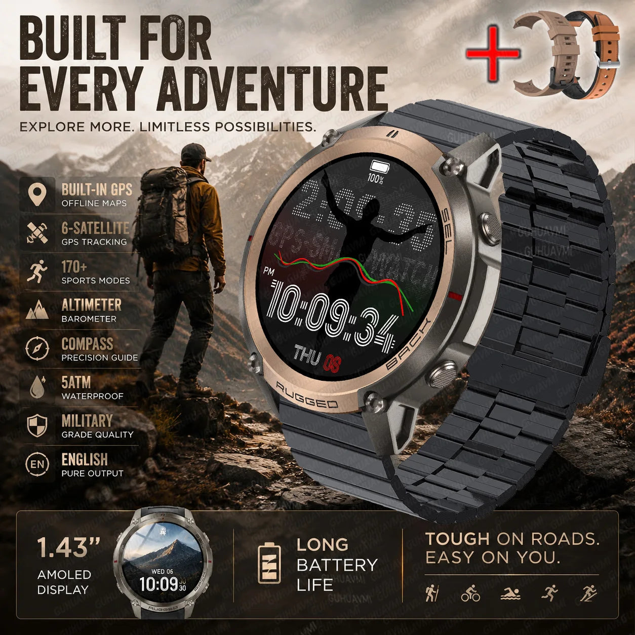 Rugged sports smart watch with black metal link band and fitness graph screen