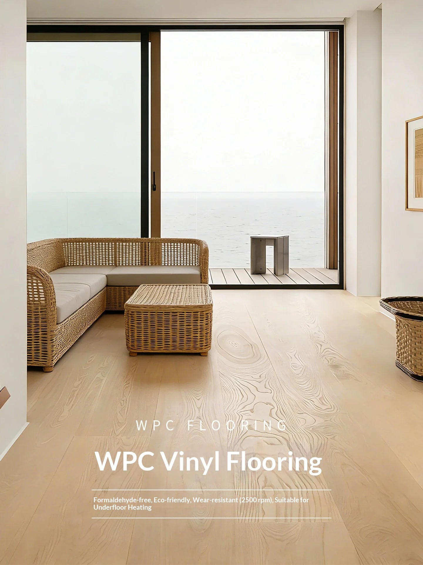 Light woodgrain SPC vinyl flooring planks in a seamless room layout