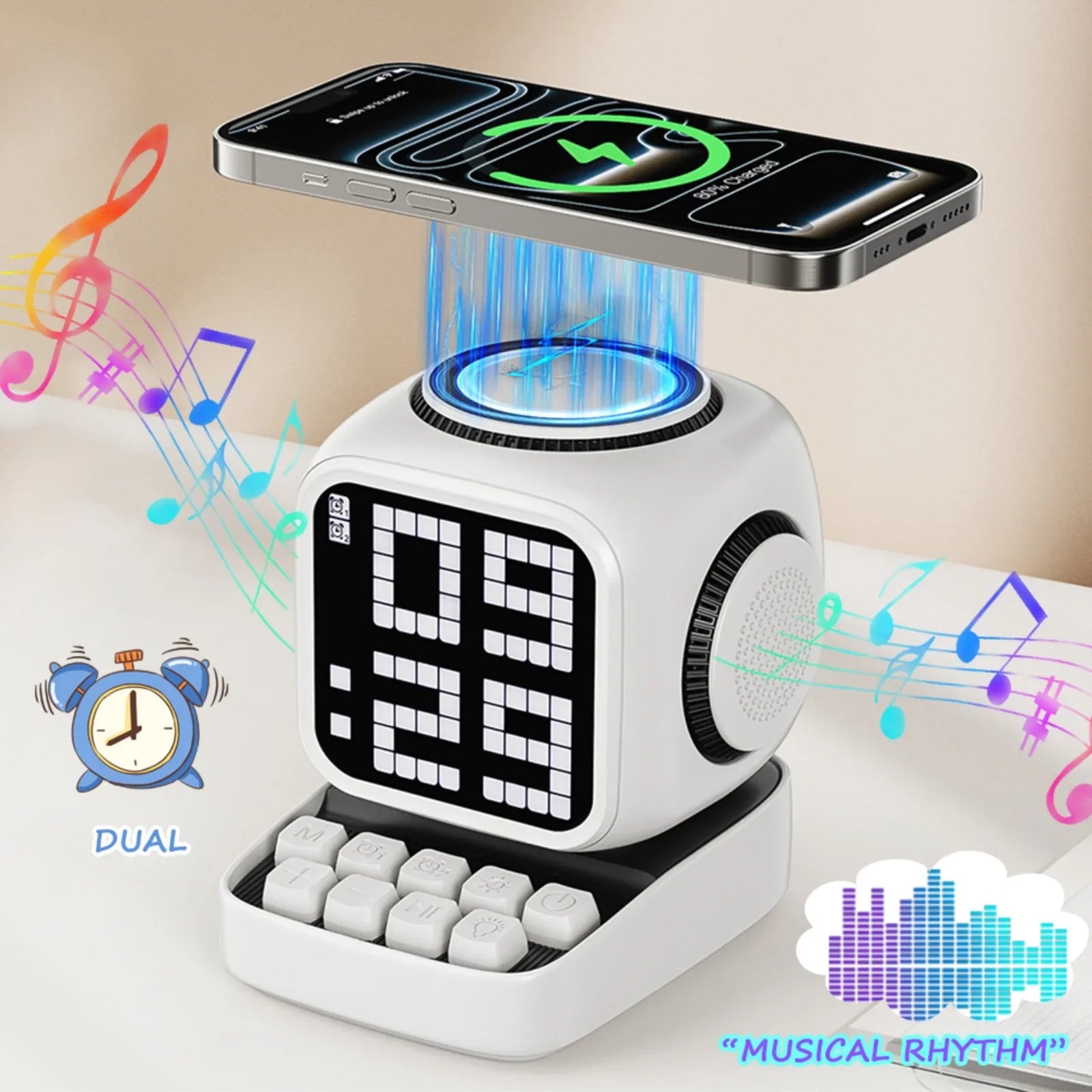 Portable Bluetooth Speaker with 15W Wireless Charger and LED Clock Tidesmit