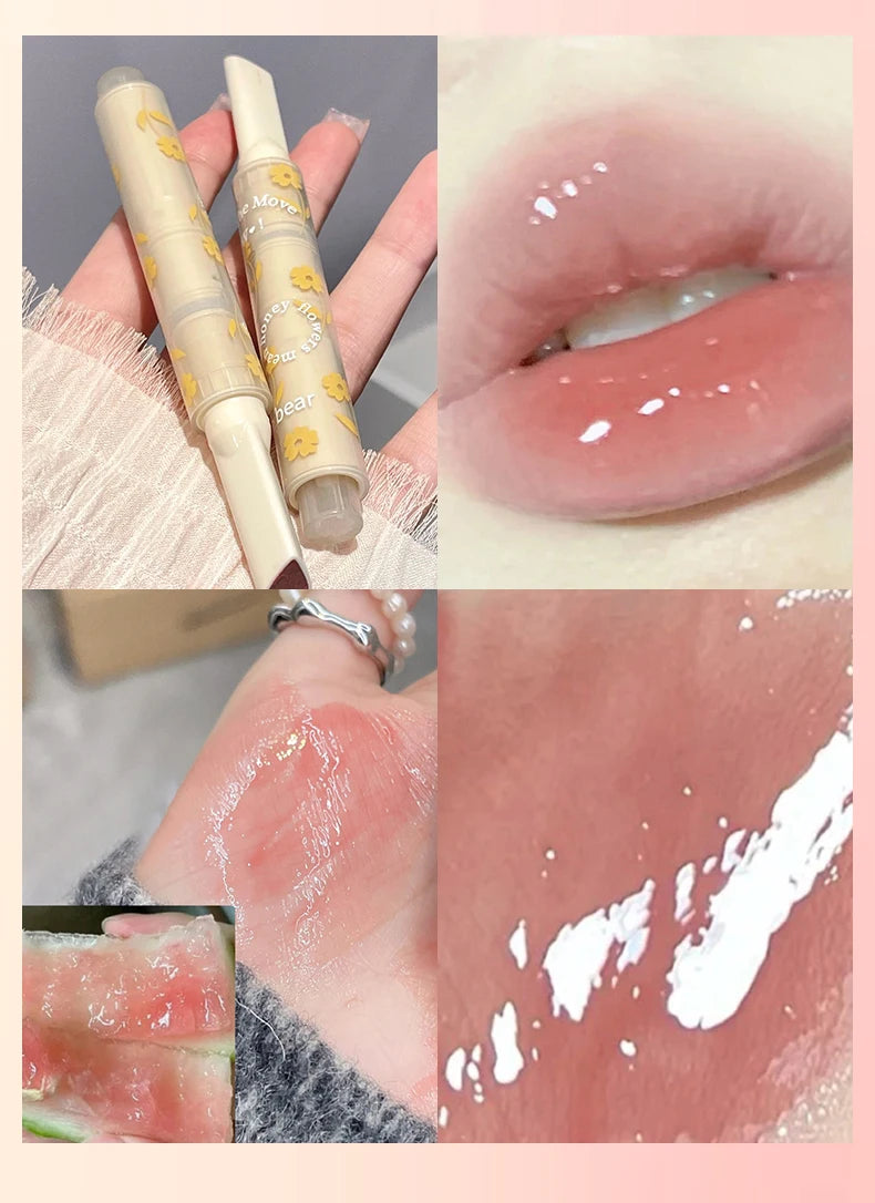 Gege Bear Floral Whisper heart-shaped lipstick: glossy jelly-finish lip makeup with moisturizing pink tint and sheen.