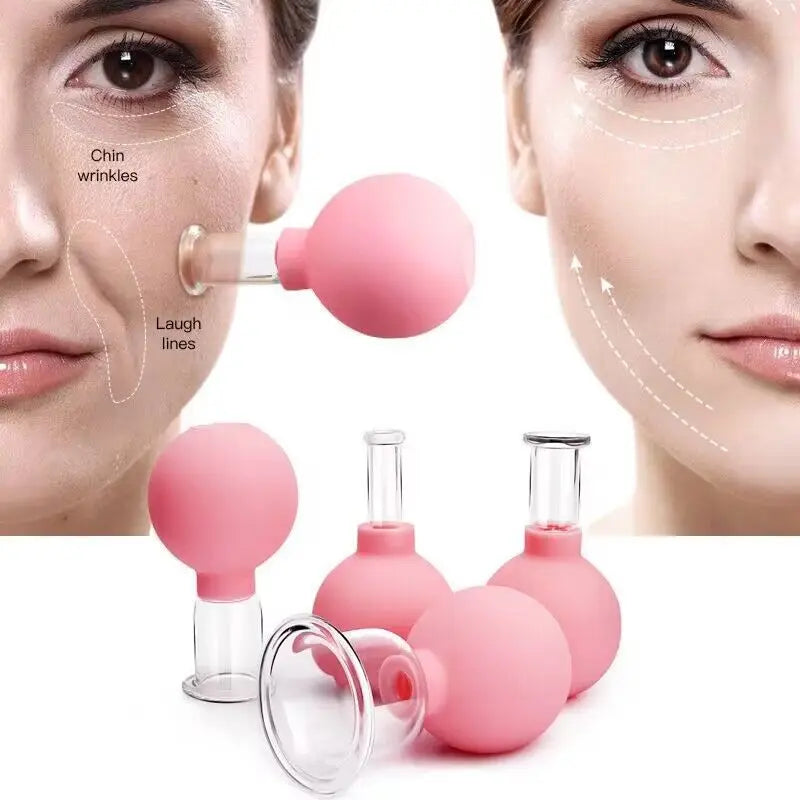 Pink rubber and glass facial cupping tools for skin lifting, shown in use on a face and grouped on a white background.
