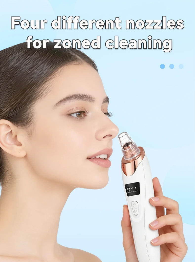 Woman using a white and rose gold electric blackhead remover vacuum pore cleaner for facial acne and skin care.