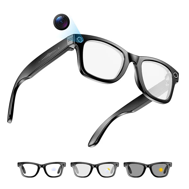Black smart glasses with integrated camera lens in the frame for recording, shown with interchangeable lenses.