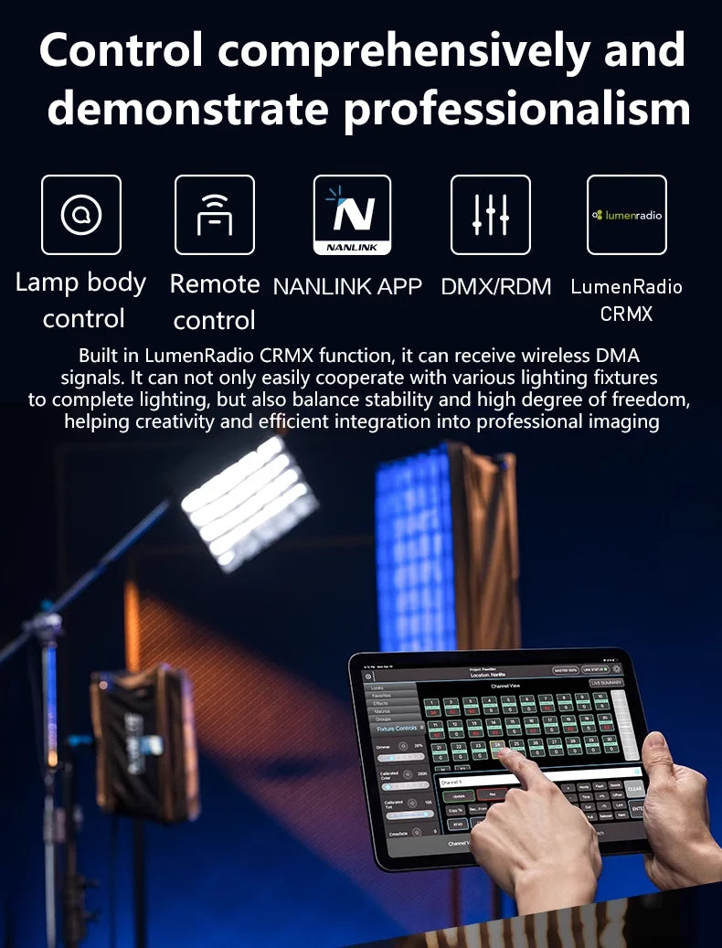 Tablet displaying lighting control software used to wirelessly manage professional lighting fixtures.