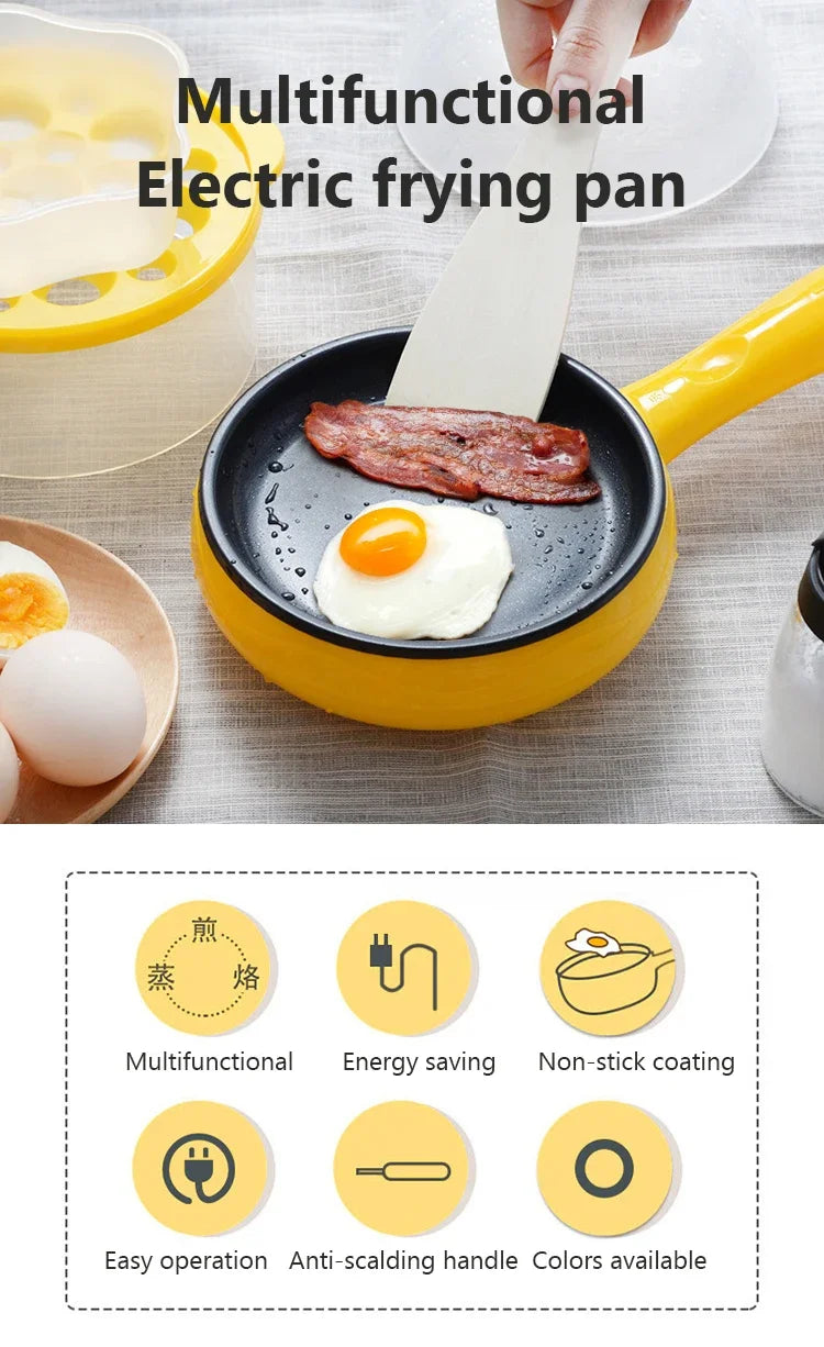 Yellow electric frying pan with black non-stick surface and spatula holding cooked egg.