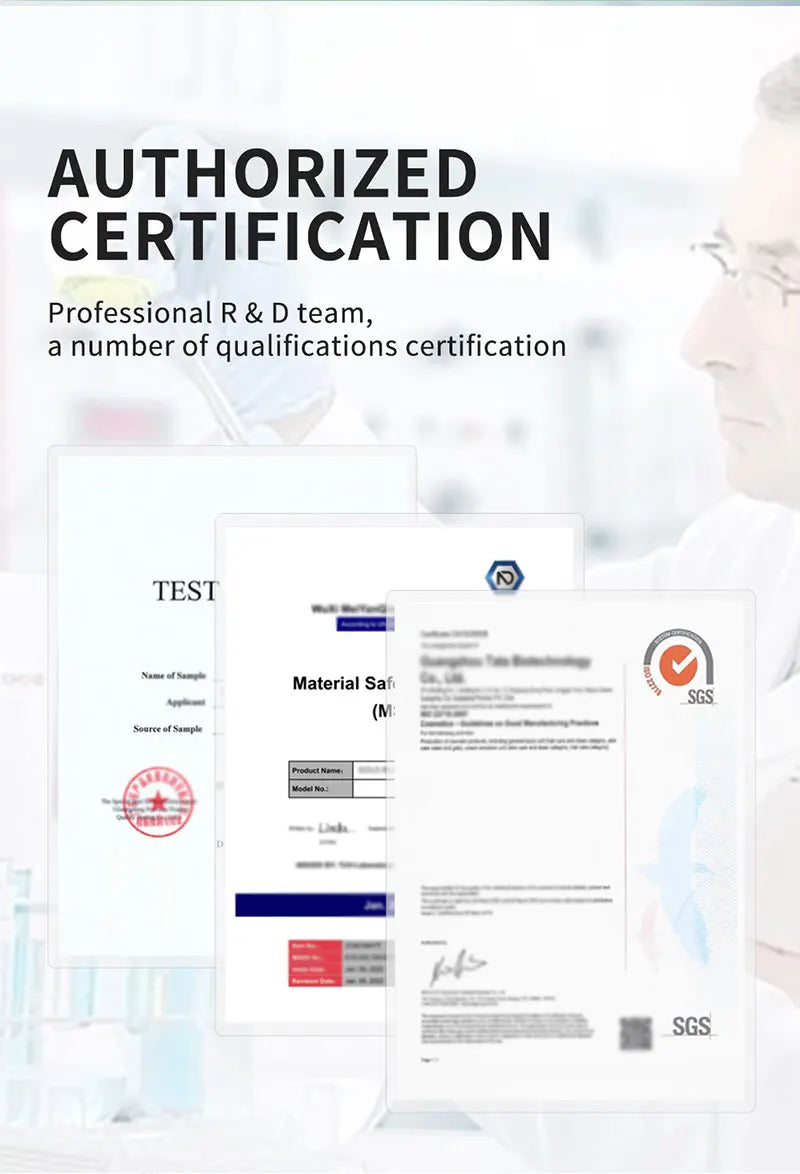 Tidesmit anti-wrinkle supplement certification and SGS quality assurance documents for professional skincare results.