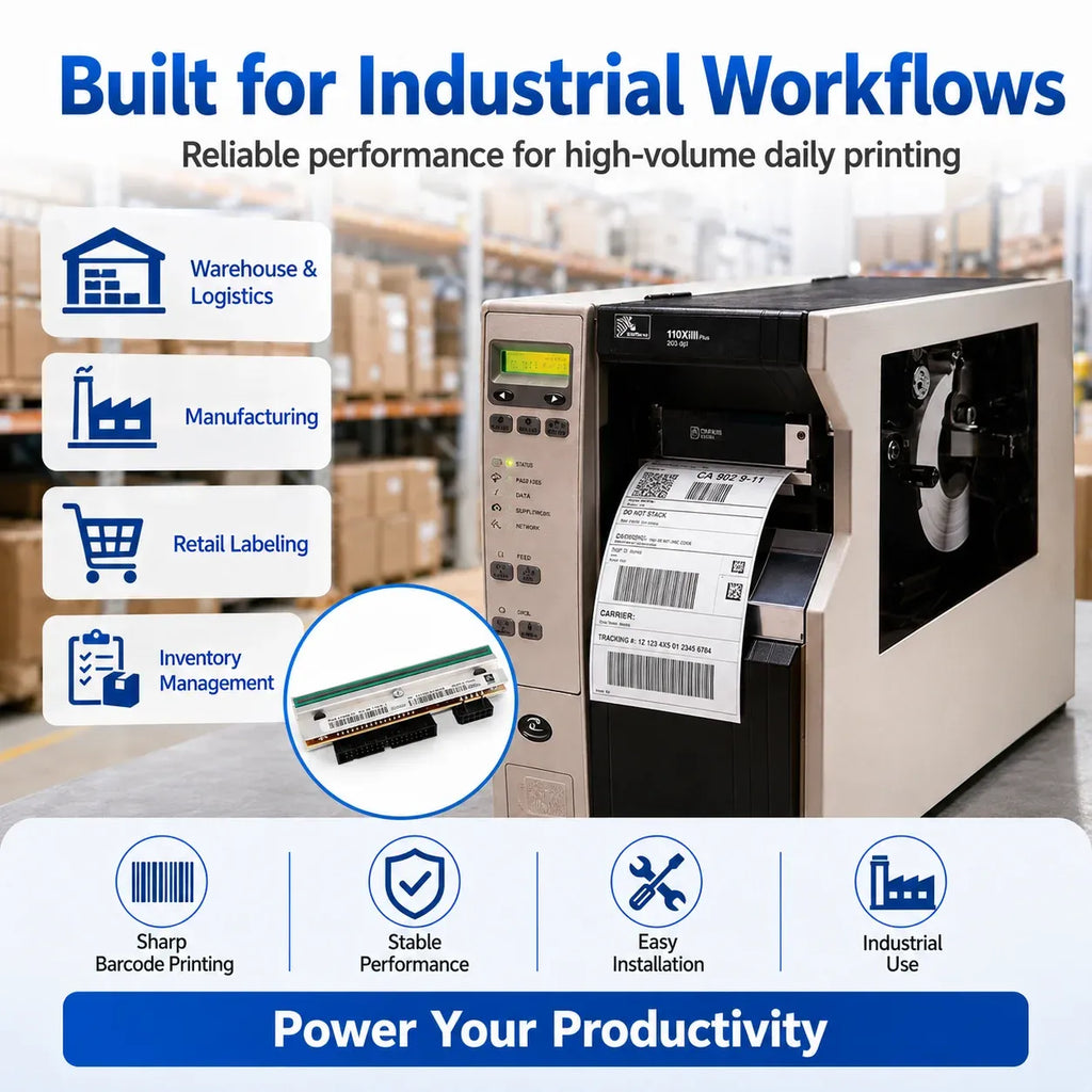 Industrial thermal label printer with open printhead bay and control panel, feeding a label