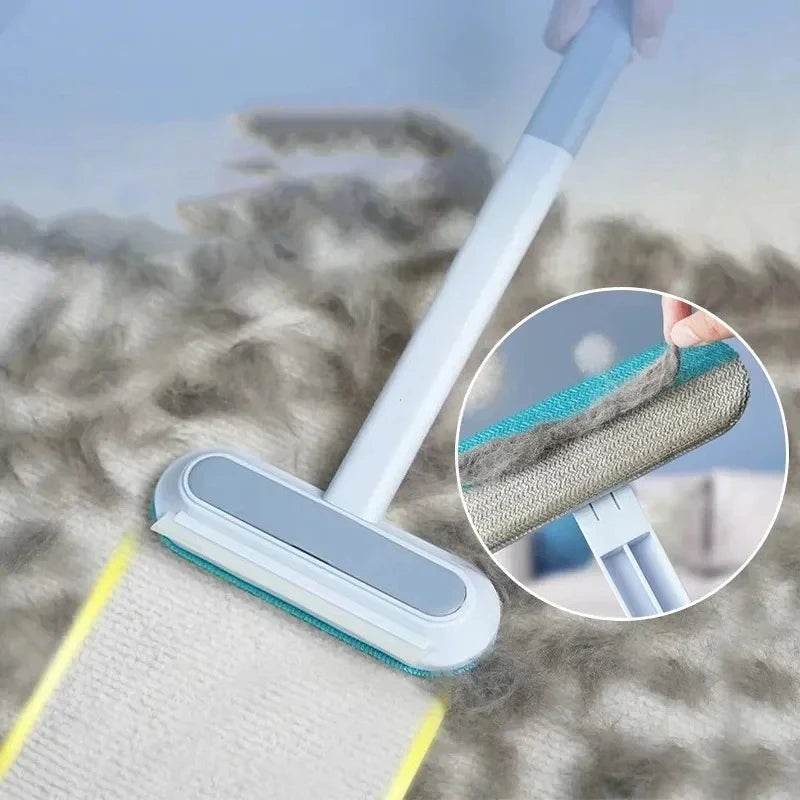 Blue and white manual pet hair remover tool cleaning fur from carpet and bed surfaces easily.