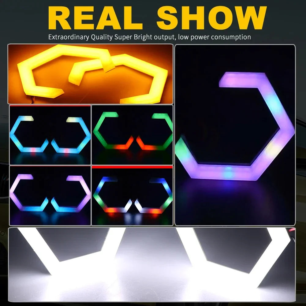 Hexagon LED Angel Eyes RGB Halo Rings for Headlight - Multi-Size Tidesmit